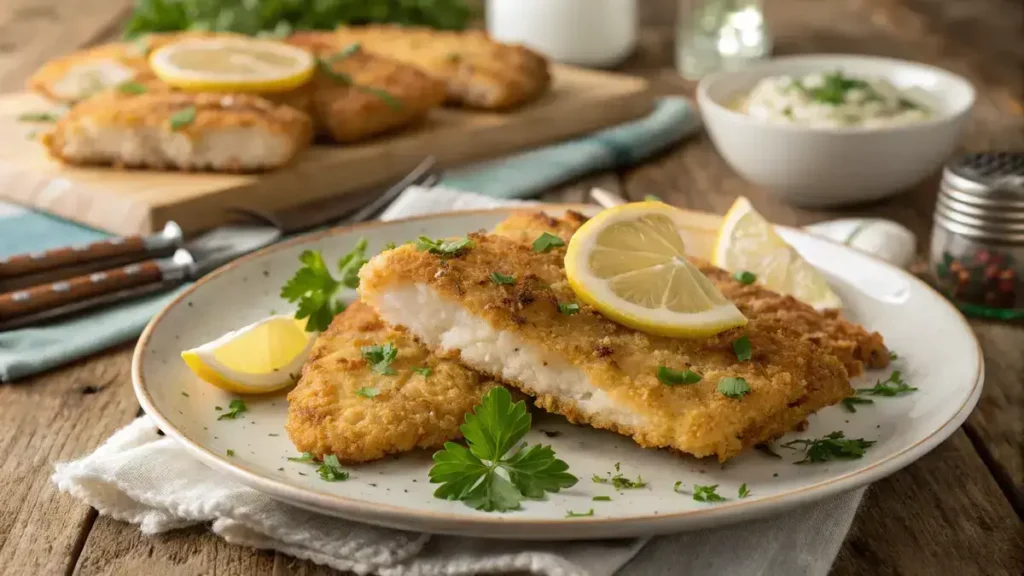 Crispy breaded pollock fish fillets served with lemon wedges and parsley.
