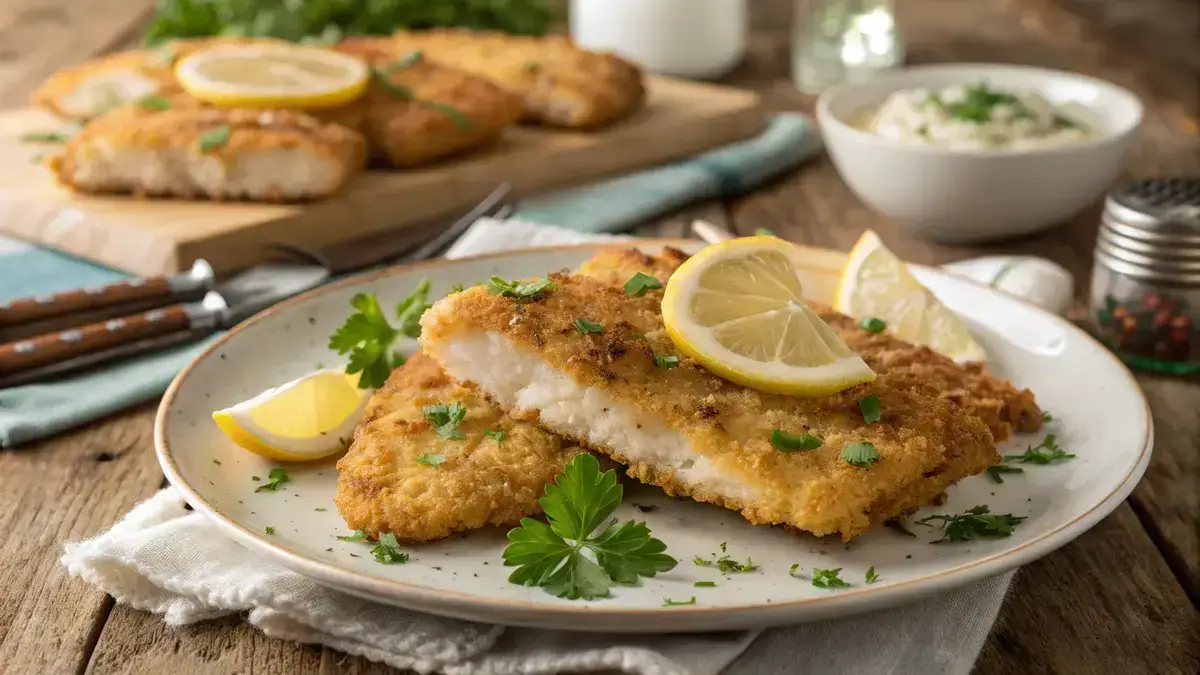Crispy breaded pollock fish fillets served with lemon wedges and parsley.