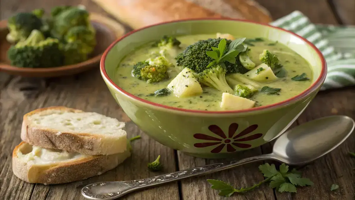 A bowl of creamy broccoli potato soup with herbs and bread on a wooden table.