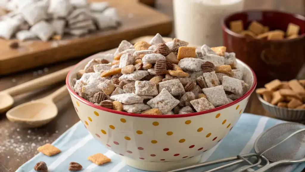 A bowl of Butterfinger Puppy Chow with Chex cereal, white chocolate, and Butterfinger pieces.