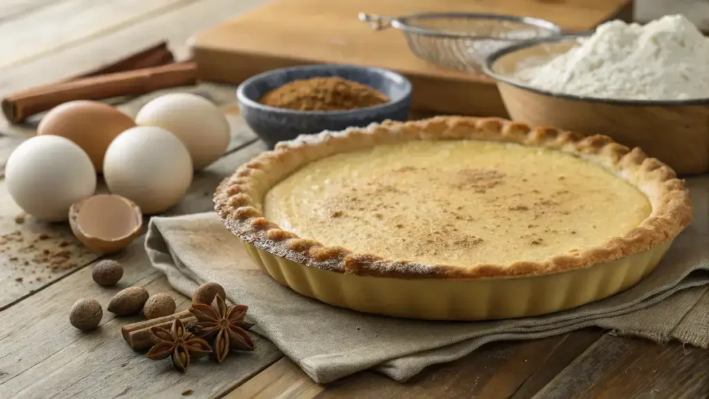 A freshly baked Buttermilk Pie on a wooden table with ingredients around it.