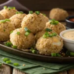 A close-up of cheese ball bites coated in crushed crackers on a wooden platter.