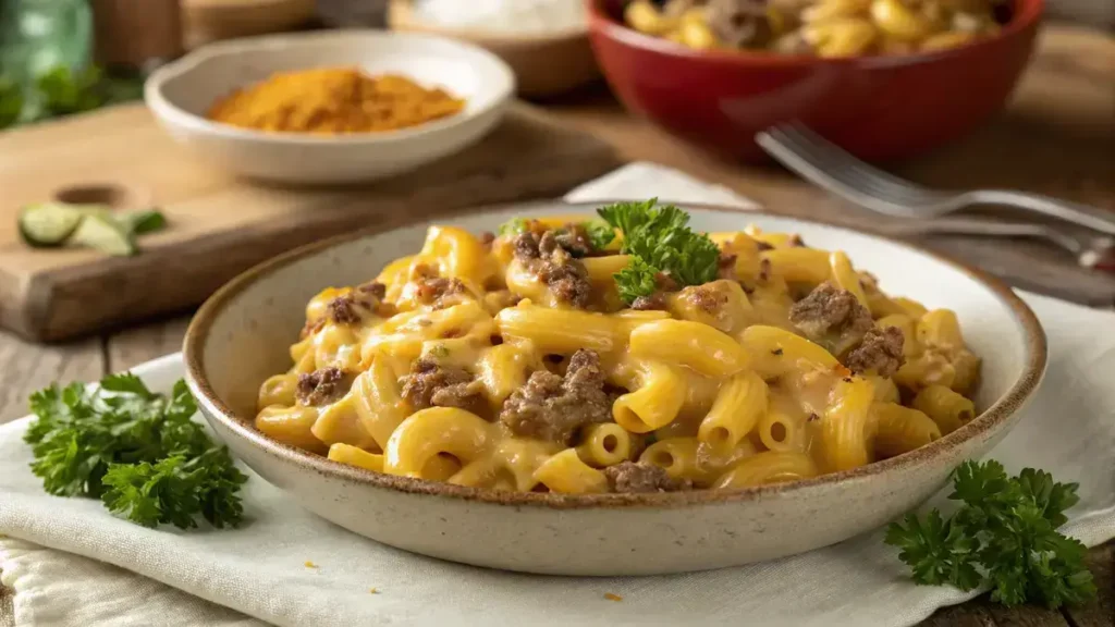 A bowl of cheeseburger macaroni topped with parsley, showcasing creamy cheese and ground beef.