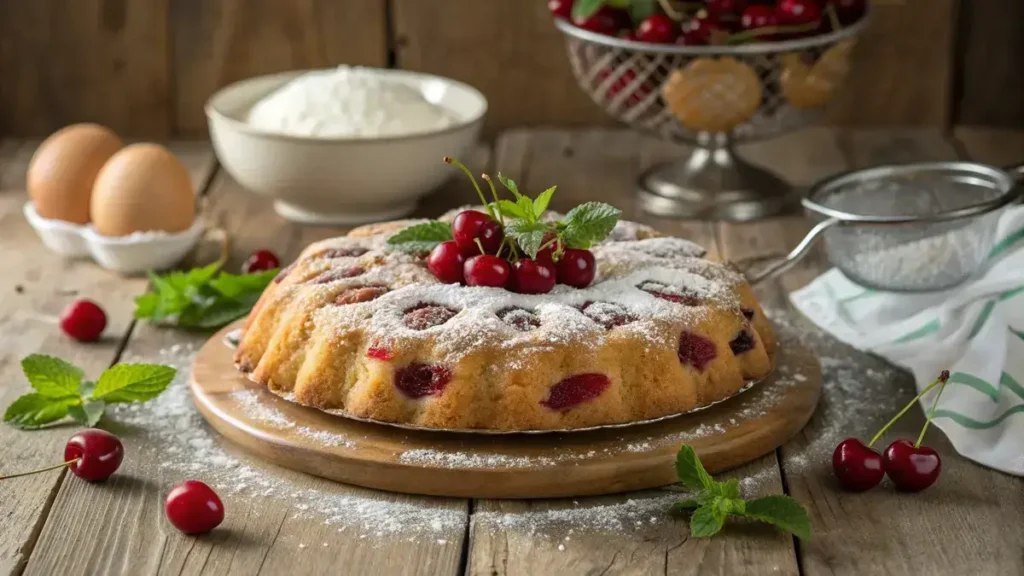 A freshly baked cherry cake with cherries on top, displayed on a wooden table.