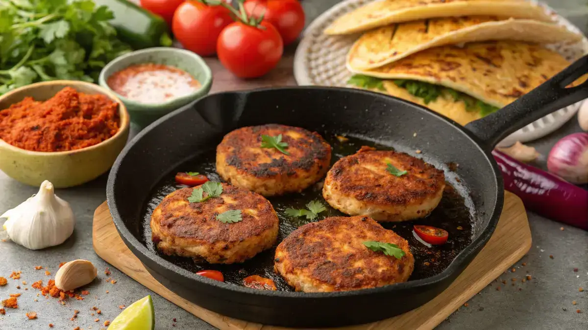 Golden-brown chicken chorizo patties cooking in a skillet with fresh ingredients around them.