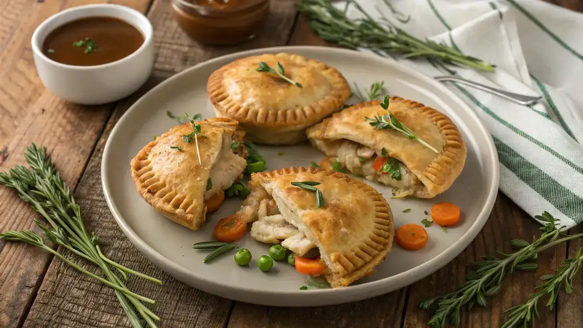 Golden chicken pot pie hand pies on a rustic wooden table with gravy.