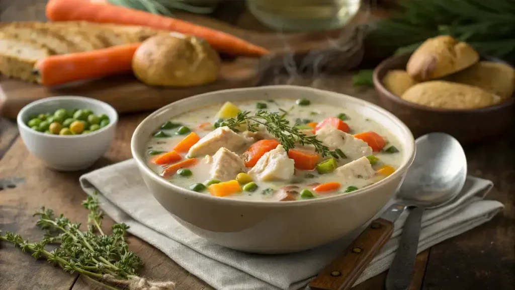 A bowl of Chicken Pot Pie Soup with vegetables and chicken, garnished with thyme.