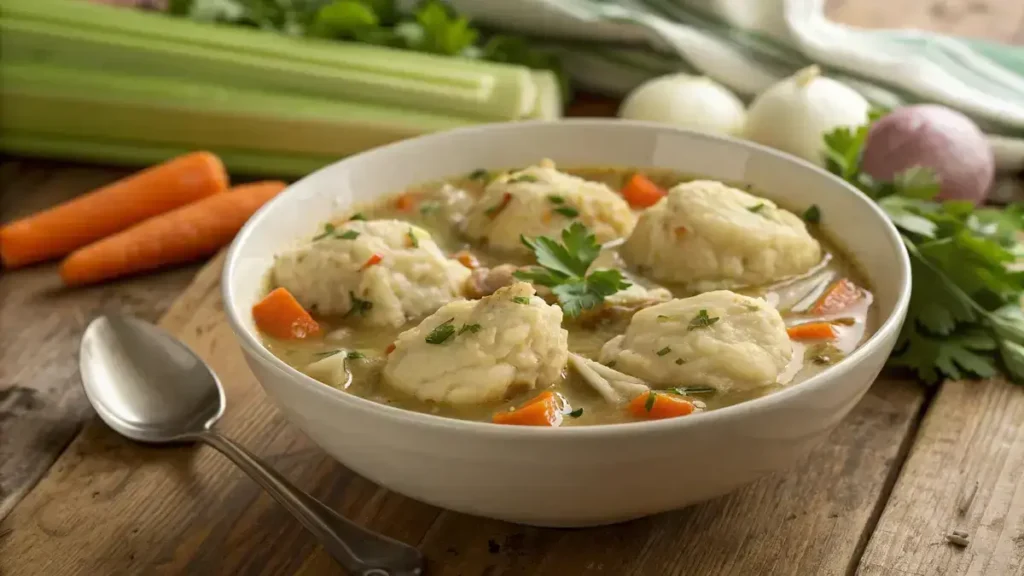 A bowl of Chicken and Dumplings with fresh parsley on top, surrounded by vegetables.