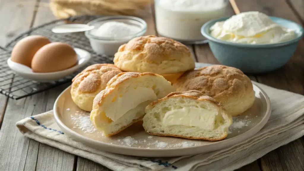 Freshly baked Cloud Bread on a rustic wooden table with ingredients in the background.