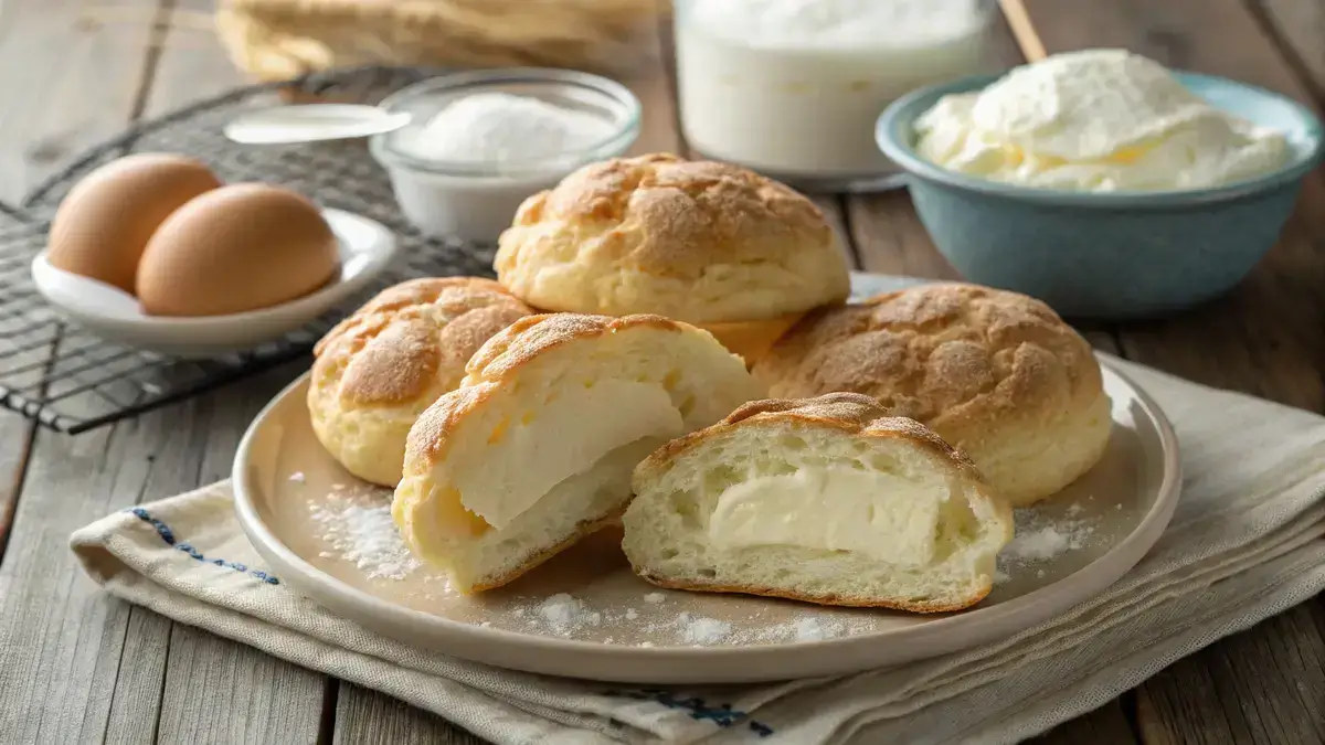 Freshly baked Cloud Bread on a rustic wooden table with ingredients in the background.