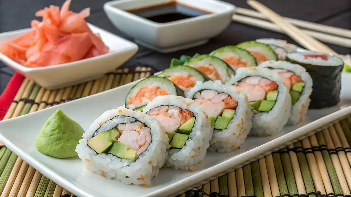 A plate of cooked sushi rolls with shrimp, avocado, and cucumber, garnished with pickled ginger and wasabi.