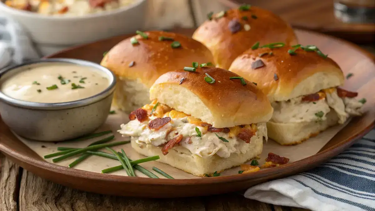 A close-up of crack chicken sliders on a wooden table, garnished with chives.