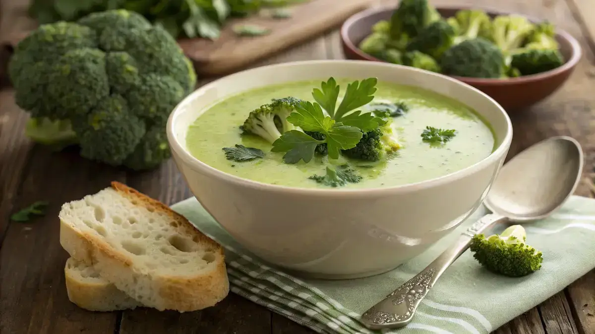 A bowl of creamy broccoli soup with parsley garnish and crusty bread on a wooden table.