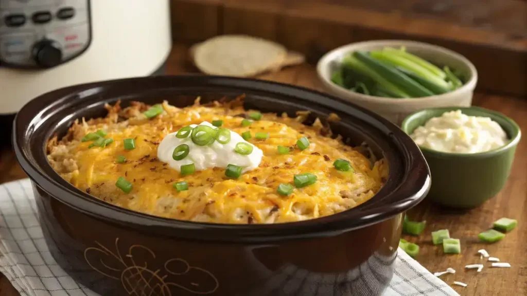Crockpot Hashbrown Casserole topped with melted cheese and green onions in a crockpot.