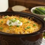 Crockpot Hashbrown Casserole topped with melted cheese and green onions in a crockpot.