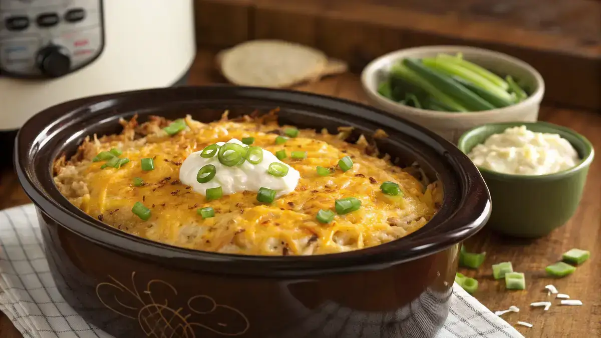 Crockpot Hashbrown Casserole topped with melted cheese and green onions in a crockpot.