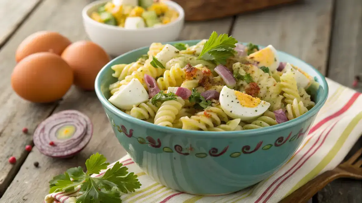 A colorful DEVILED EGG PASTA SALAD in a bowl, garnished with paprika and parsley.
