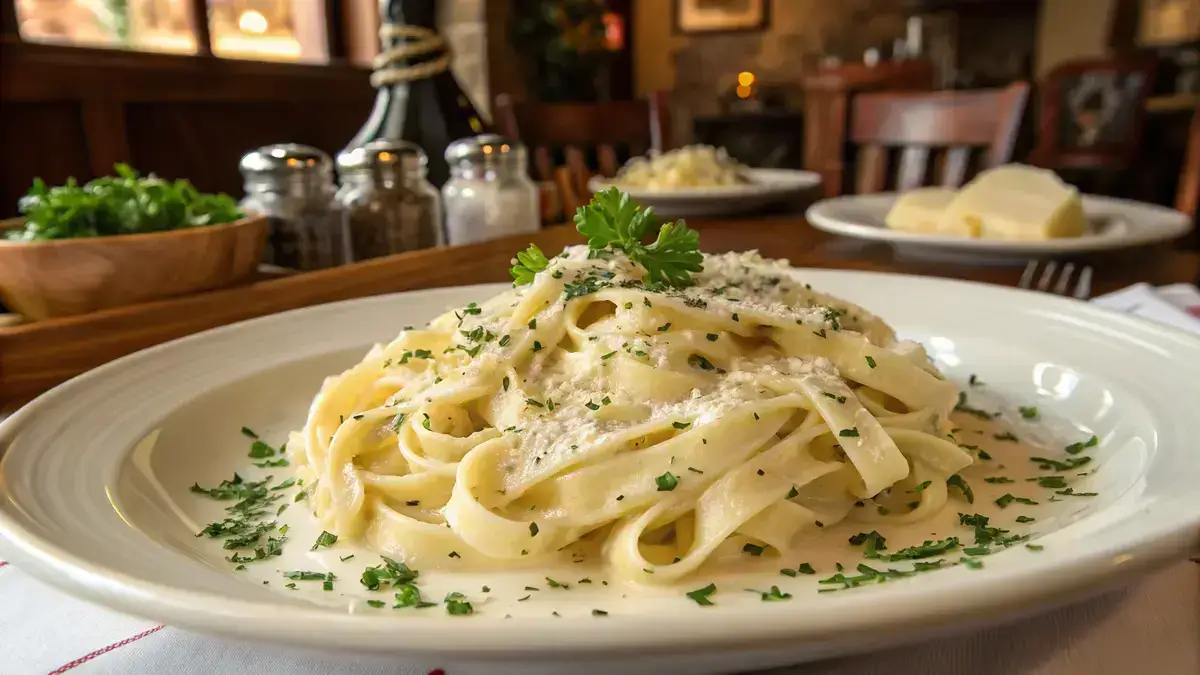 Plate of fettuccine Alfredo garnished with parsley in an alfredos italian kitchen