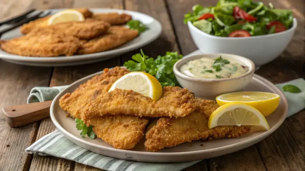Crispy fried catfish fillets served with lemon wedges on a wooden table.