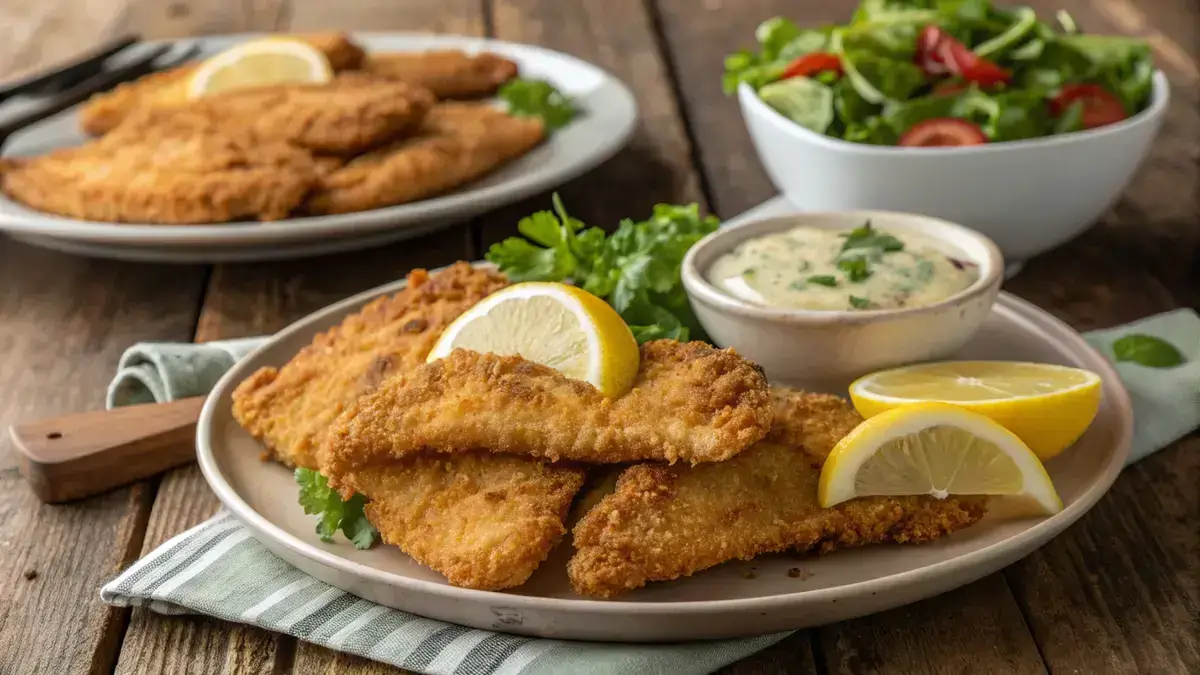 Crispy fried catfish fillets served with lemon wedges on a wooden table.