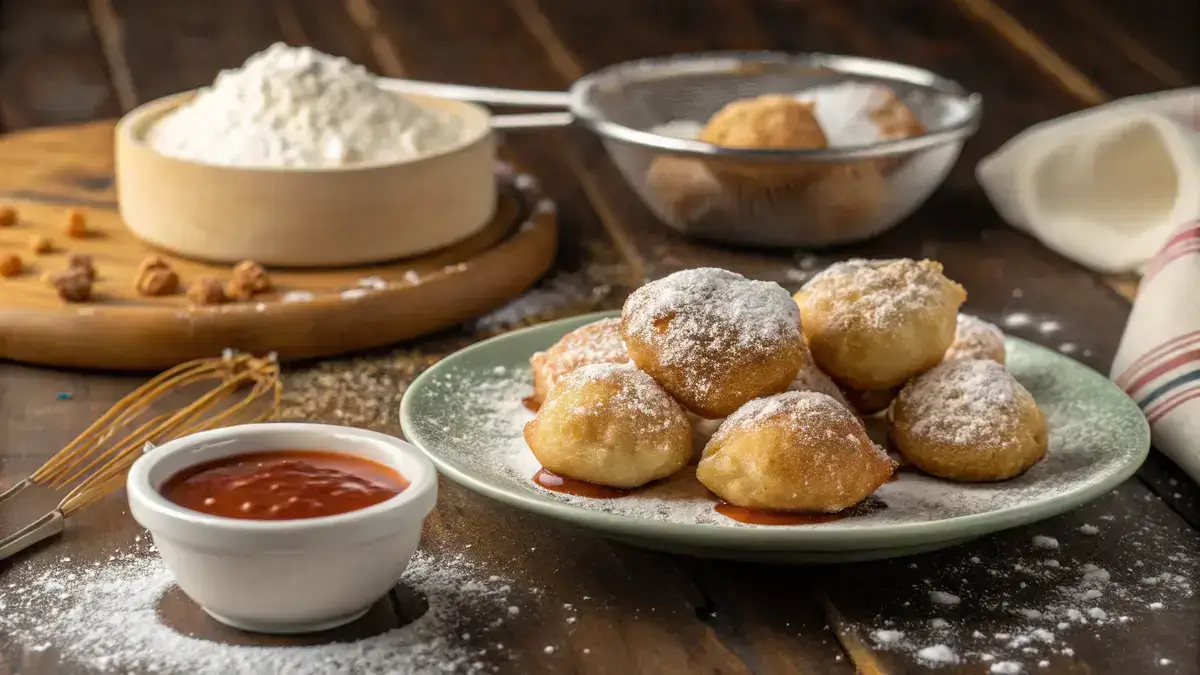 A plate of golden fried dough with powdered sugar and dipping sauce on a rustic wooden table.