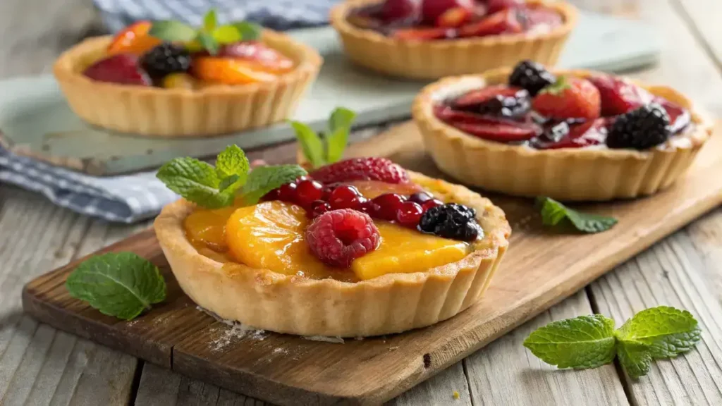 A close-up of golden brown tartlets filled with assorted fruits and jam on a wooden table.