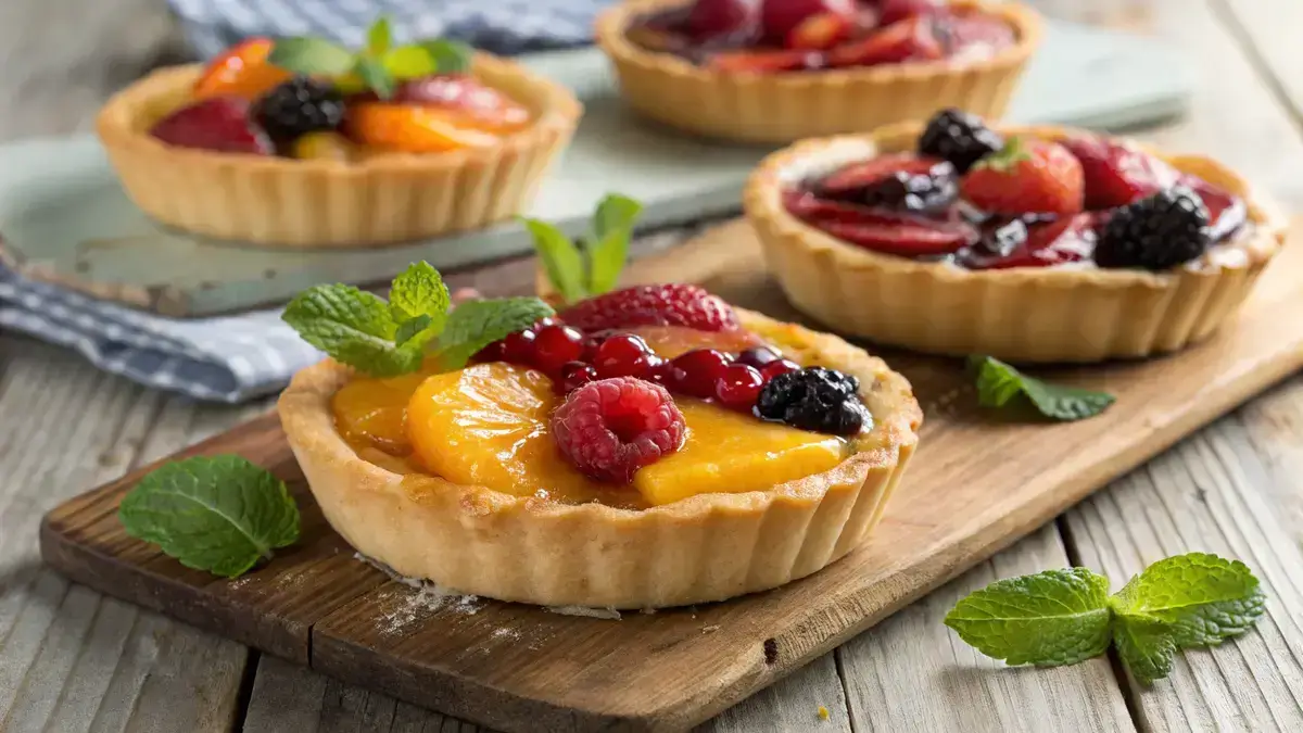 A close-up of golden brown tartlets filled with assorted fruits and jam on a wooden table.