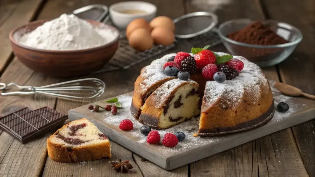A sliced German cake with chocolate layers and fresh berries on top, set on a wooden table.