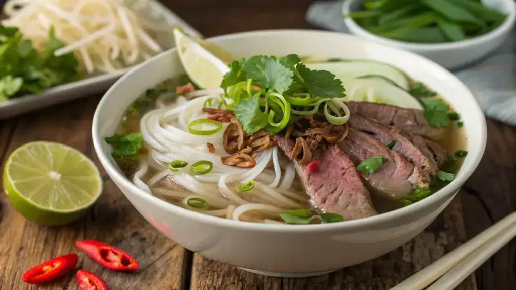 A bowl of Hanoi Pho with noodles, beef, and fresh herbs.