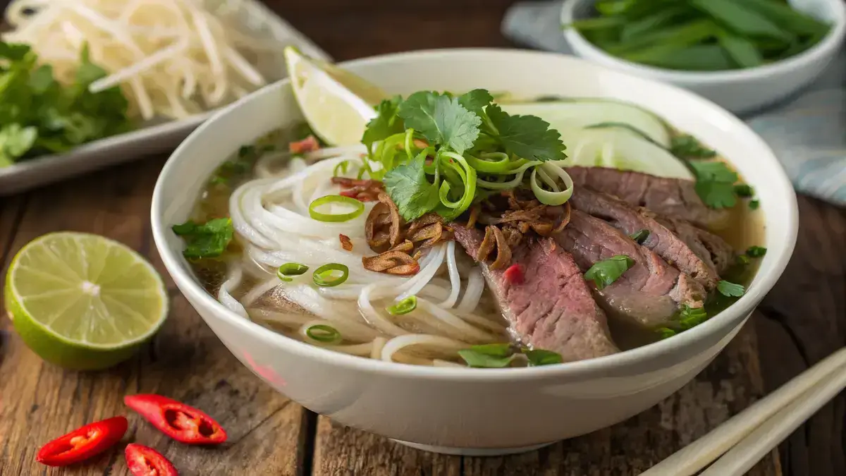 A bowl of Hanoi Pho with noodles, beef, and fresh herbs.