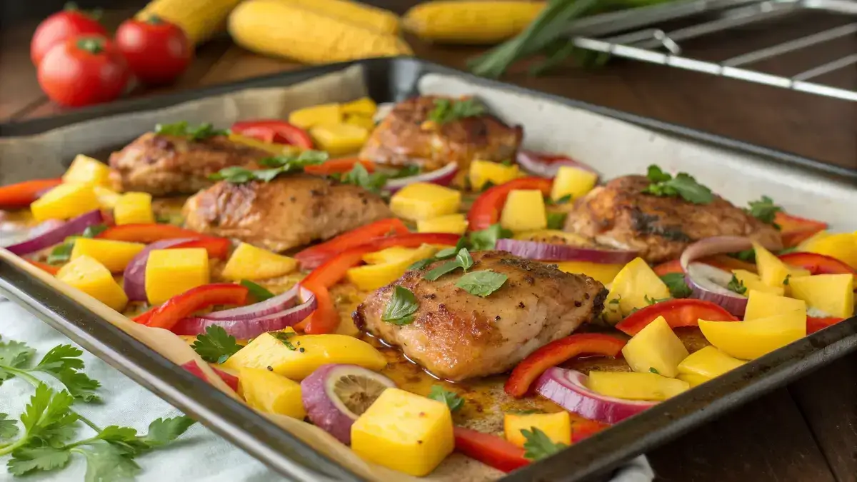 Hawaiian chicken sheet pan with marinated chicken, pineapple, bell peppers, and red onions garnished with cilantro.