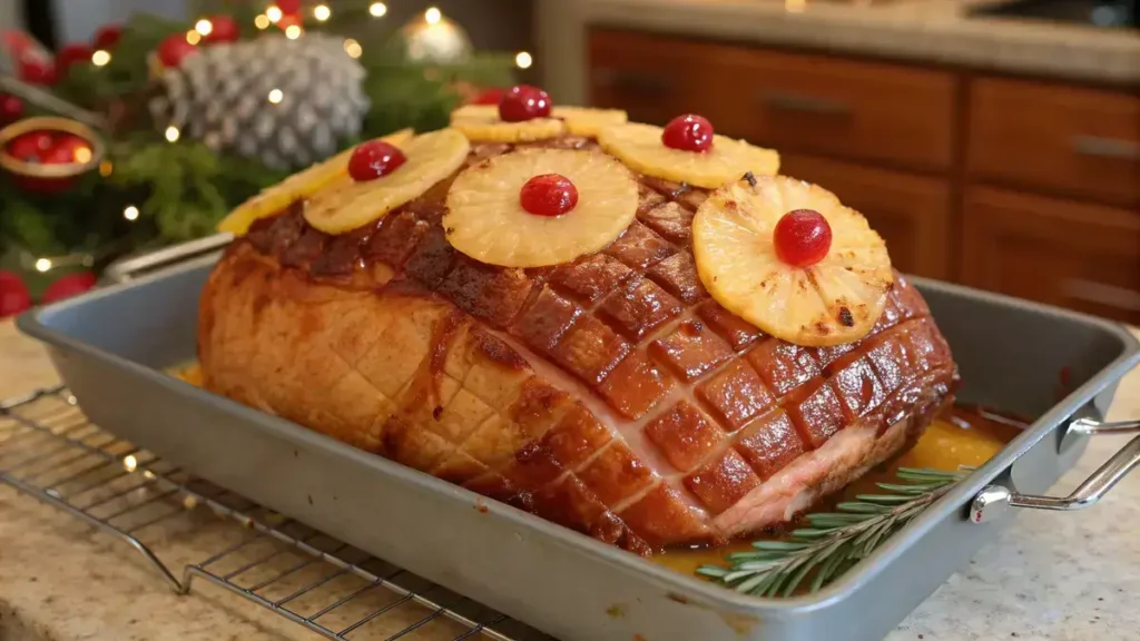 Glazed Hawaiian Ham with pineapple and cherries on top, ready to be served.