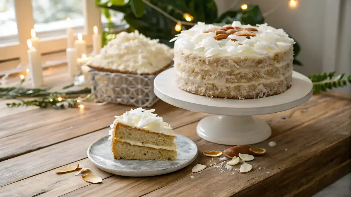 Heaven on Earth Cake with frosting and toppings on a wooden table