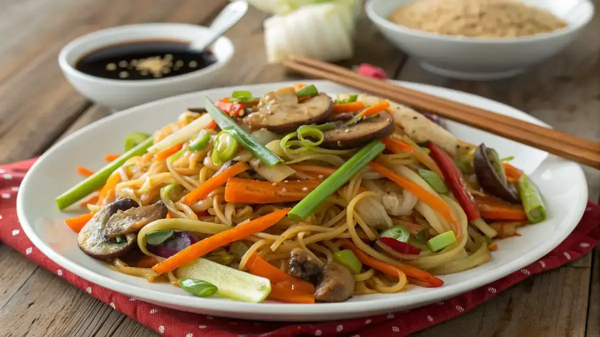 A delicious serving of hibachi noodles with vegetables and scallions on a wooden table.