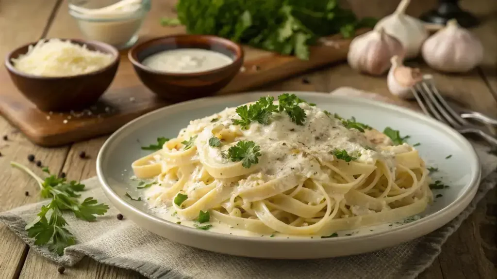 Plate of pasta with Homemade Alfredo Sauce and parsley garnish