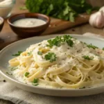 Plate of pasta with Homemade Alfredo Sauce and parsley garnish