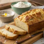Freshly baked Beer Bread on a wooden cutting board with melted butter drizzled on top.