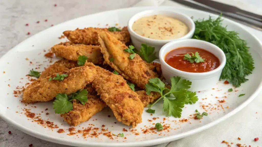 Plate of crispy chicken tenders with dipping sauce and parsley garnish.
