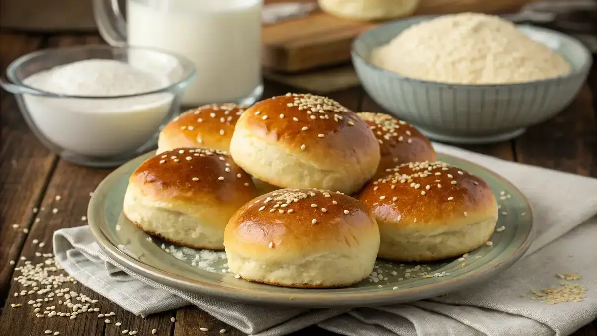 Freshly baked hamburger buns on a wooden table, sprinkled with sesame seeds.