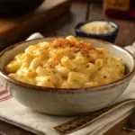 A bowl of creamy Macaroni and Cheese with a sprinkle of paprika on top.