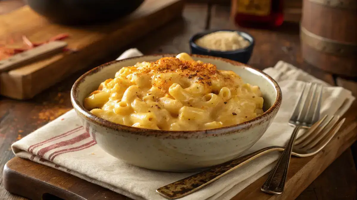 A bowl of creamy Macaroni and Cheese with a sprinkle of paprika on top.