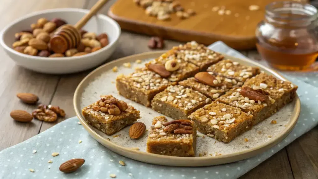 Homemade nut bars on a rustic wooden table, garnished with nuts and honey.