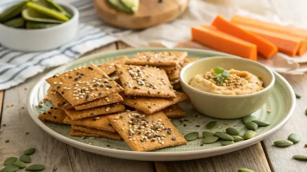 Plate of golden brown seed crackers with a bowl of hummus and fresh vegetables.