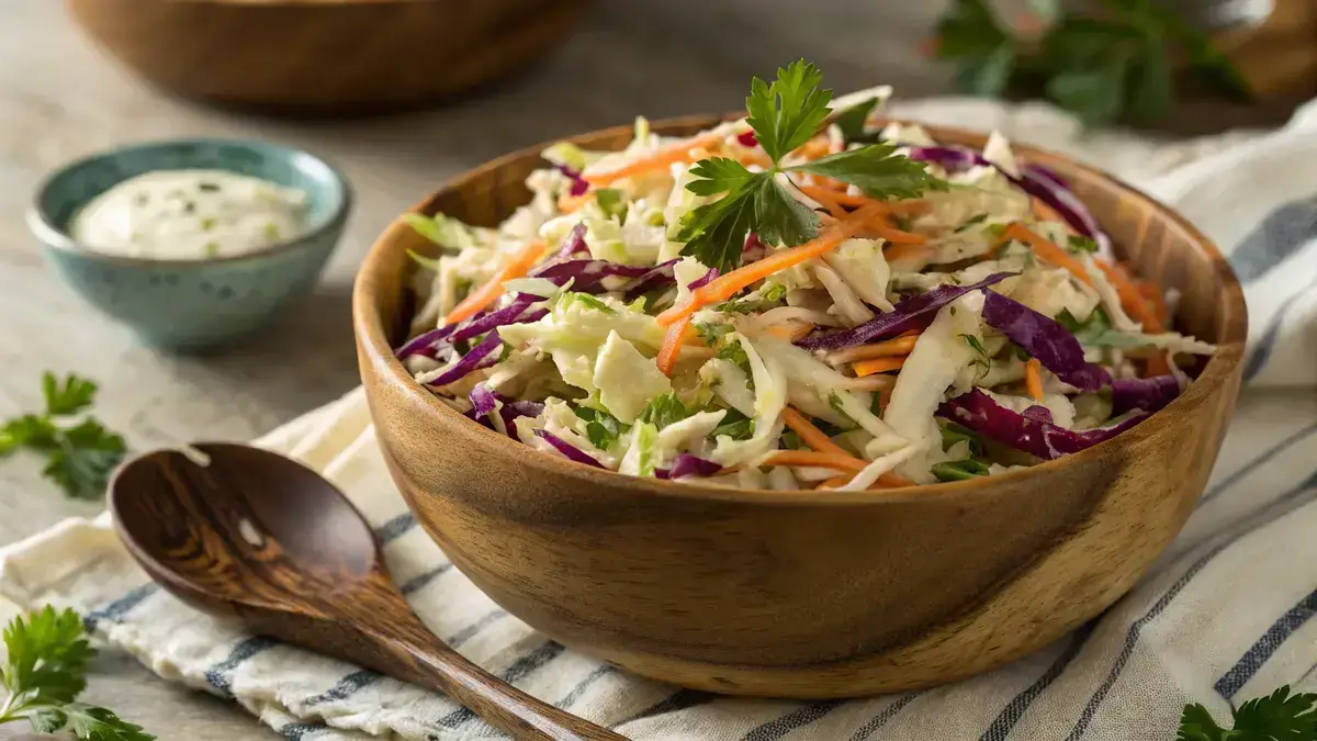 Bowl of colorful KFC coleslaw copycat with fresh vegetables and creamy dressing.