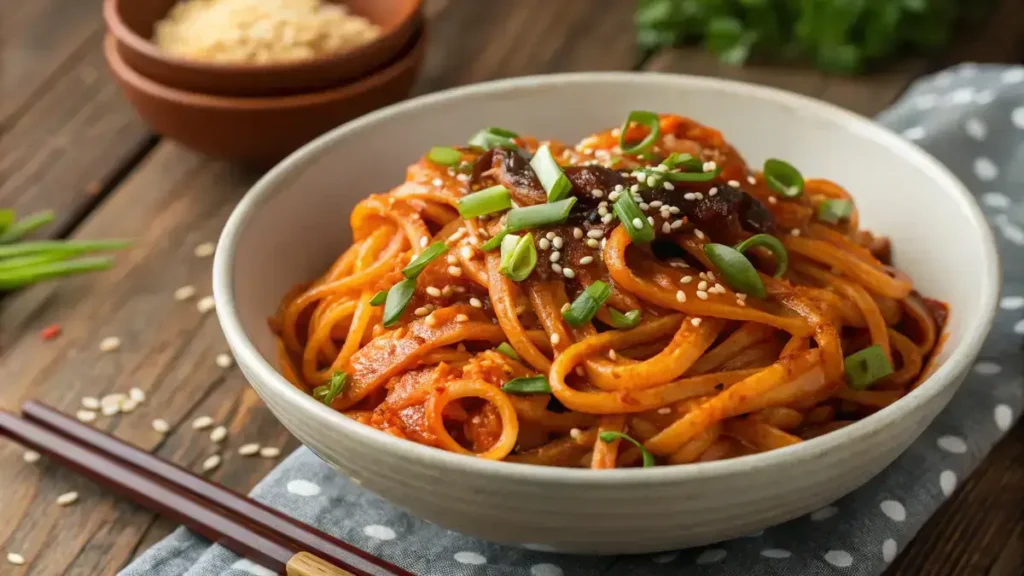 A bowl of kimchi noodles garnished with green onions and sesame seeds.