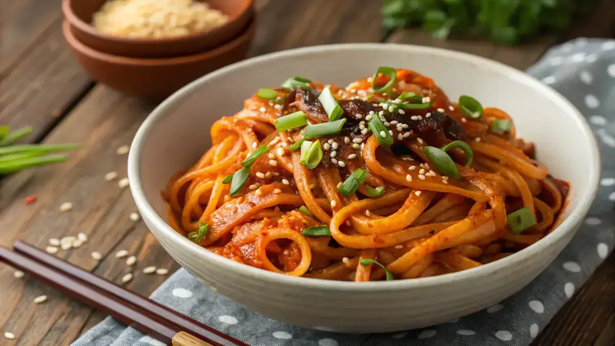 A bowl of kimchi noodles garnished with green onions and sesame seeds.