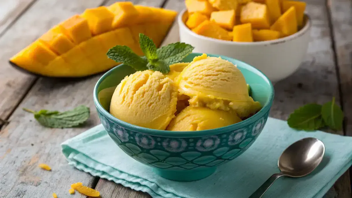 A bowl of Korean mango ice cream topped with fresh mango slices and mint leaves.