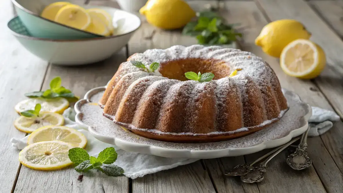 A freshly baked lemon bundt cake on a wooden table, garnished with lemon slices and mint leaves.