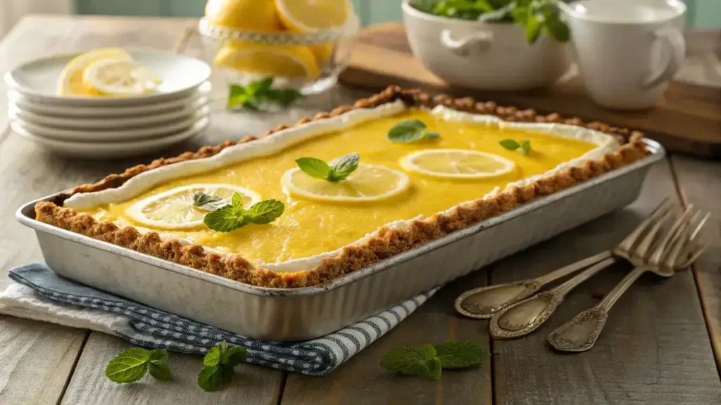 Lemon Pretzel Dessert with a golden crust and lemon topping in a baking pan.
