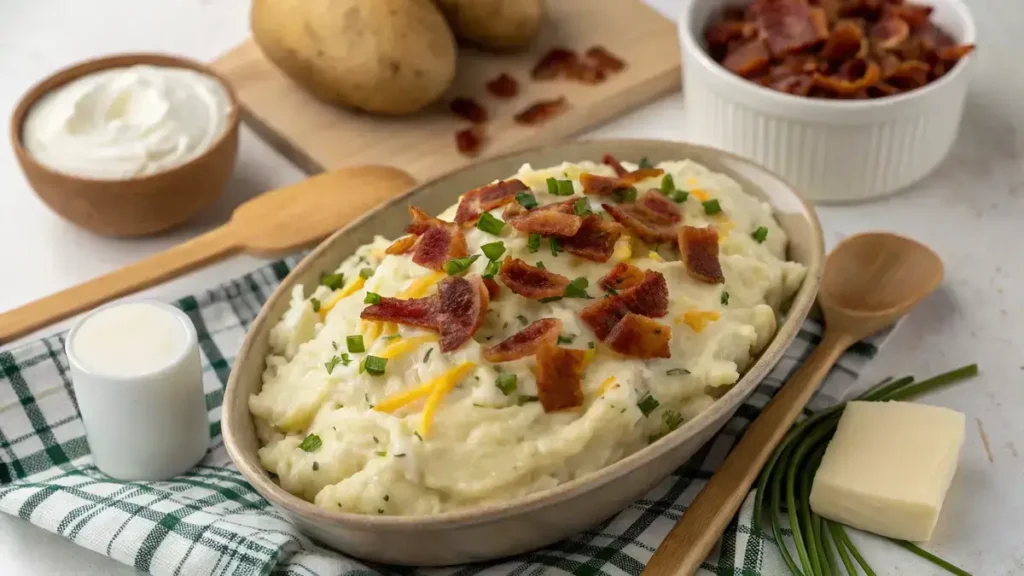 A serving of Loaded Mashed Potatoes topped with cheese, bacon, and chives.
